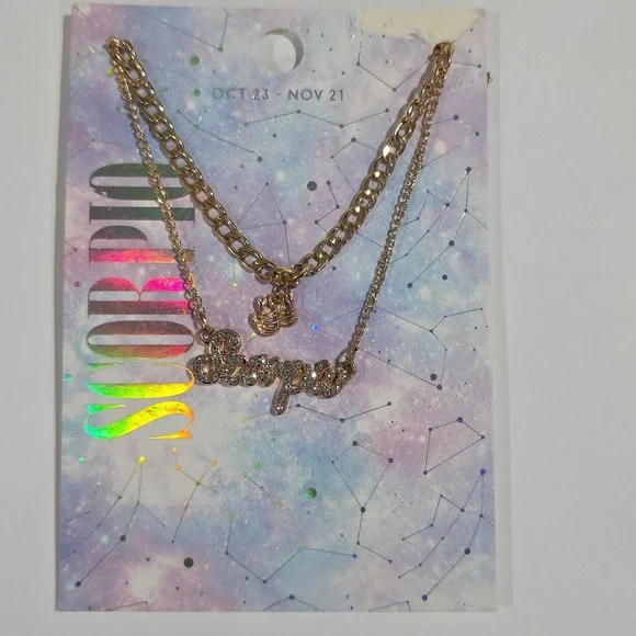 Scorpio Zodiac Necklace – Gold Script Pendant w/ Sparkling Stones Astrology Gift - Picture 3 of 9